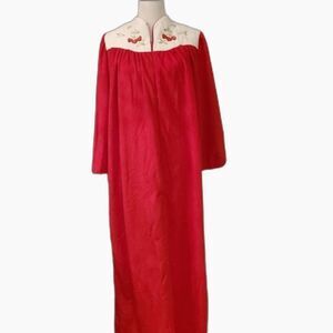 Katz Vintage 70s Embroidered Strawberries Christmas Red Zip Front Lounge Robe